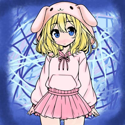 pretty anime girl wearing a fluffy hoodie with bunny ears on the hood and a skirt