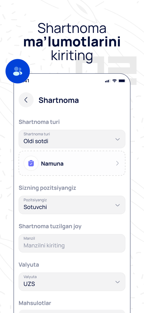 Hesap - Schermata mobile per l'inserimento dei dettagli del contratto nell'app Hesap.