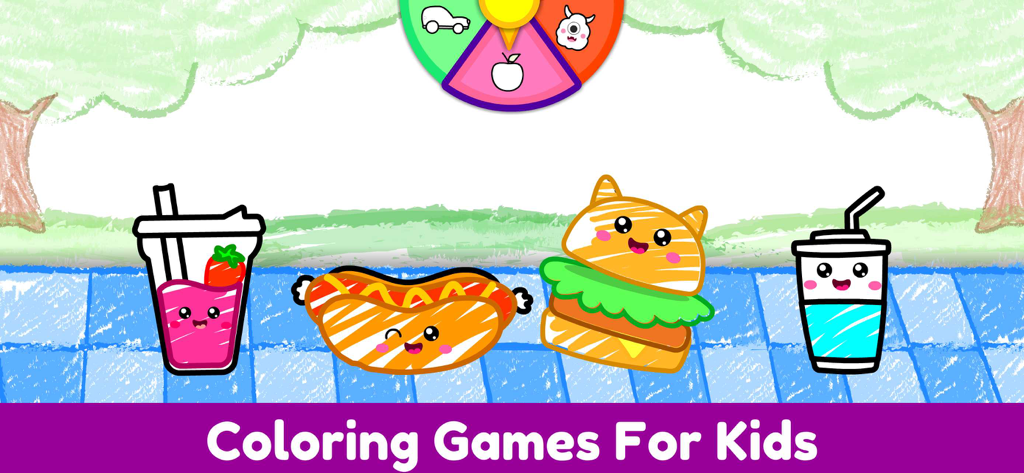 Coloring Games for Kids, Baby. - Cartoon coloring page featuring cute animated food characters including a burger and a hotdog