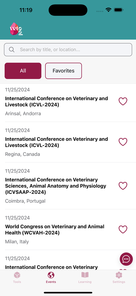 Vetool - Screenshot of the Vetool app showing a list of upcoming international veterinary conferences and events.