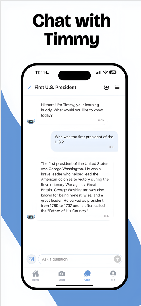 Timmy AI: Homework Helper - Mobile app screen showing a chat interface where Timmy AI explains the history of George Washington
