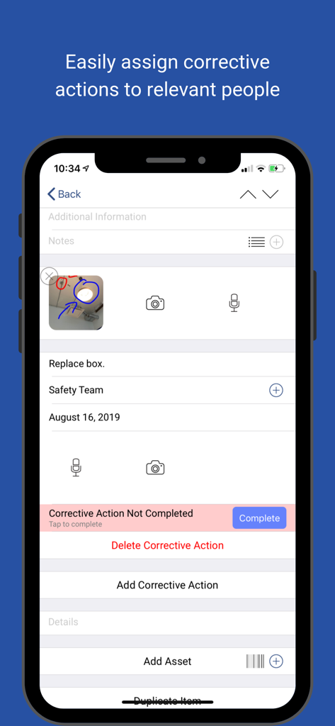 Nimonik - Inspect & Registers - Nimonik app screen showing how to assign and manage corrective actions with photos and team details.
