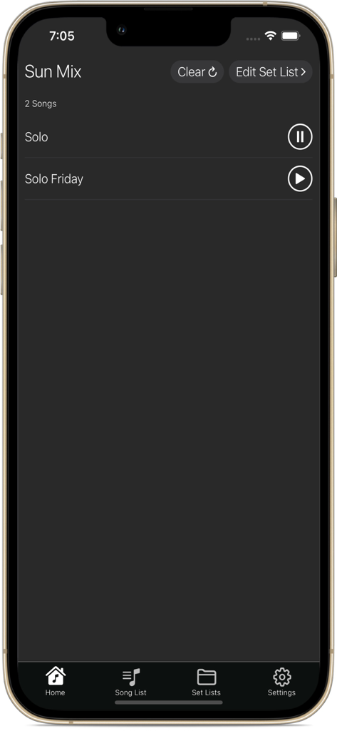 Benutzeroberfläche der SoftPads-App, die eine Musik-Setlist für Live-Auftritte anzeigt