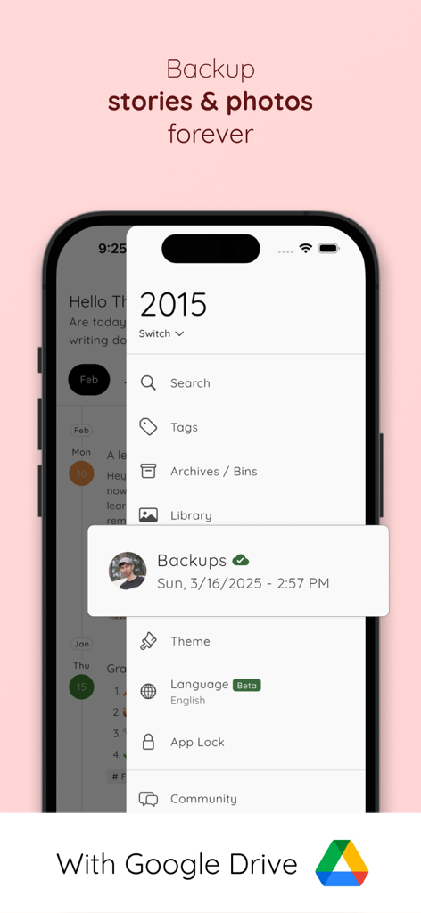 StoryPad: My Diary Journal - StoryPad app interface showing secure backup and sync features with Google Drive for diary entries and photos