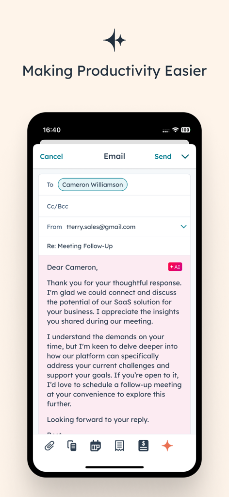 HubSpot mobile app interface showing an AI-powered email follow-up being drafted on a smartphone