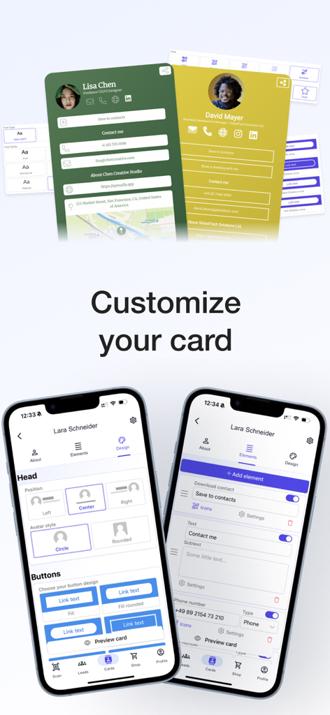 Spreadly Digital Business Card - Interface of the Spreadly app showing how to customize a digital business card layout and design on mobile.