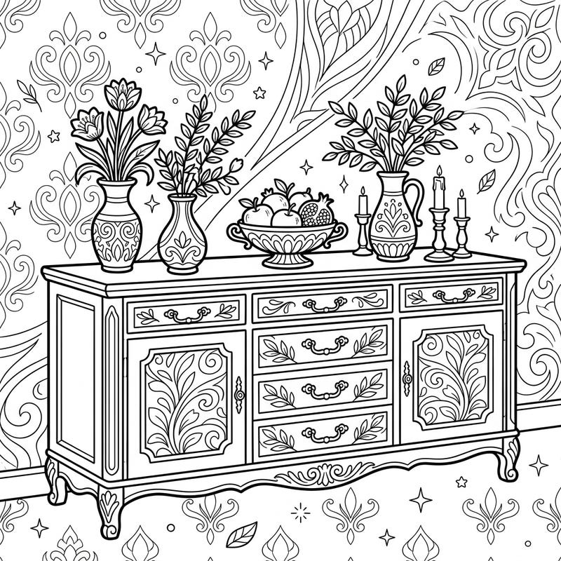 Immerse yourself in the intricate details of this elegant buffet and sideboard coloring page, featuring beautiful vases, a fruit bowl, and decorative candlesticks. Perfect for adults seeking a sophisticated and relaxing artistic challenge, it allows you to personalize a classic piece of home decor with your favorite colors.