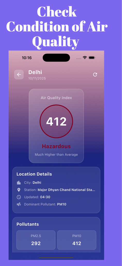 India AQI - Air Quality Index - India AQI app screen showing a hazardous air quality index of 412 for Delhi