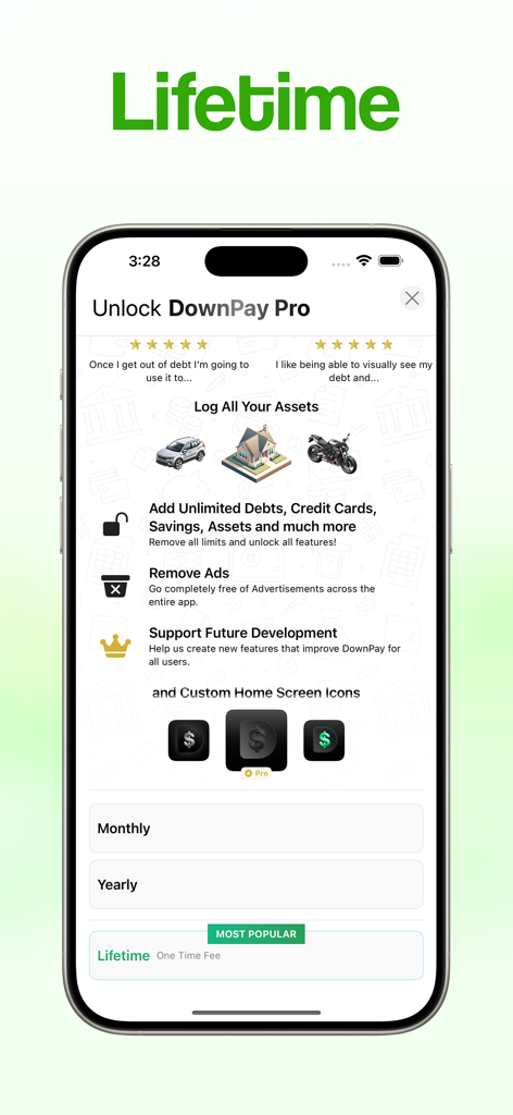 Desbloquea la pantalla de planes de suscripción de DownPay Pro que muestra opciones de suscripción mensual, anual y vitalicia con una lista de funciones premium como registro de activos y deudas ilimitadas.