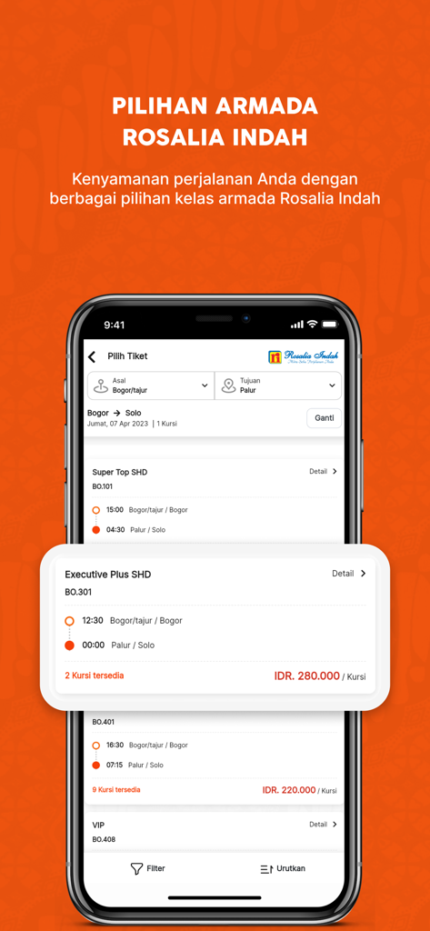 インドネシアでの旅行のためのバスの車両オプションとチケット価格を表示するRosalia Indahアプリ
