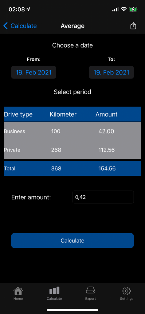 Car Log book App - Mobile app interface showing mileage and cost calculations for business and private trips
