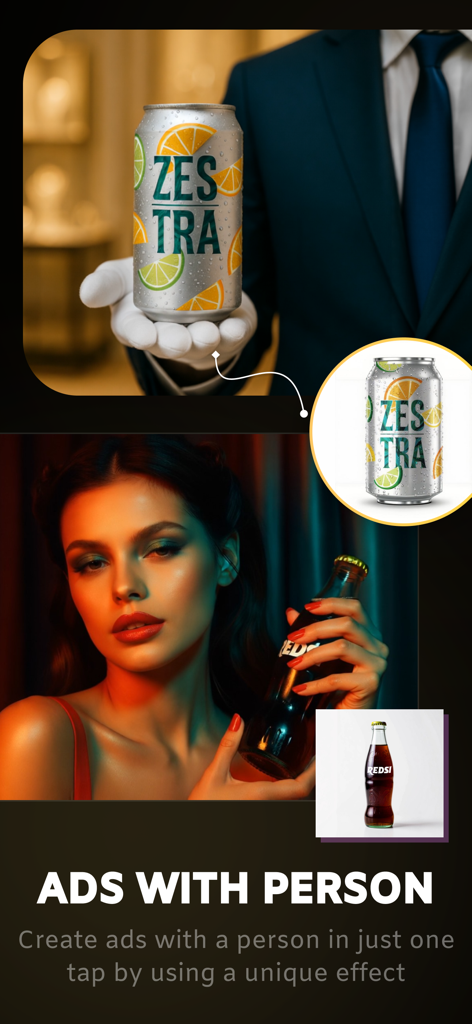 AI CGI Ads Studio: Video Ads - AI-generated cinematic product ads featuring people holding beverages using AI CGI Ads Studio