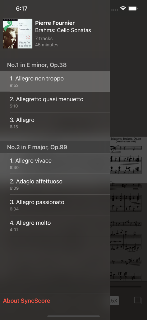 Track selection menu for Brahms Cello Sonatas featuring Pierre Fournier and Wilhelm Backhaus in the SyncScore app.