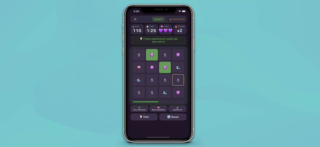 Zeapombi - Juego de la aplicación móvil Zeapombi que muestra un puzle de cuadrícula lógica de 4x4 con iconos de temática cuántica.