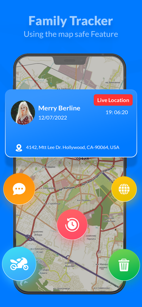 Find My Friends Family Locator - Interfaz de una aplicación localizadora familiar que muestra la ubicación GPS en vivo en un mapa con una tarjeta de perfil de usuario