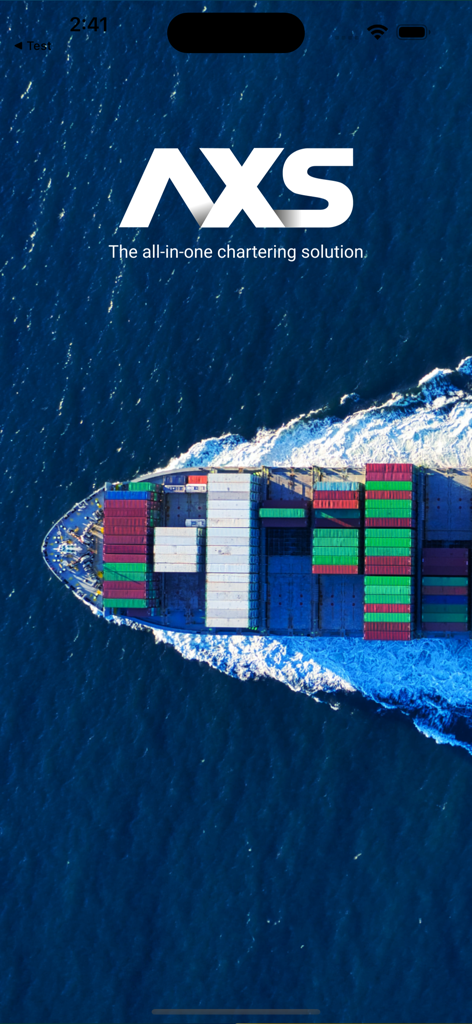AXSMarine - AXSMarine app splash screen featuring an aerial view of a container ship at sea