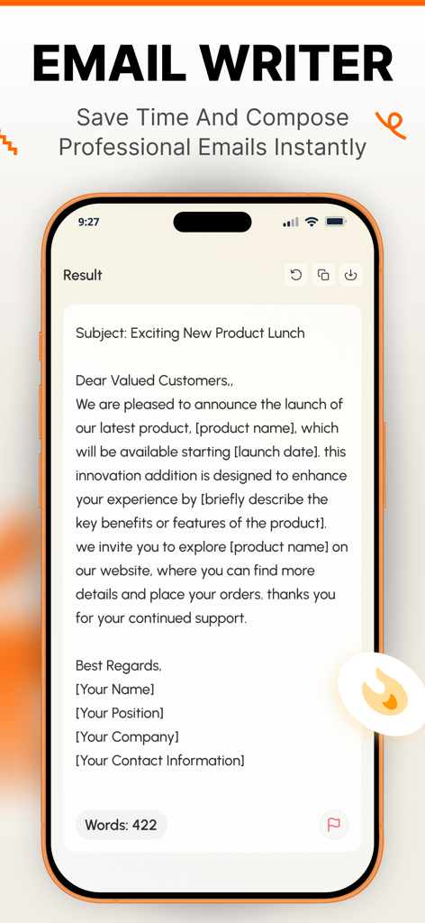 AI Writer: Essay, Story, Email - AI Writer app interface showing a generated professional email draft on a smartphone