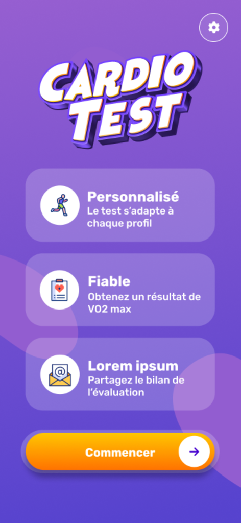 Metsup - Cardio Test - Metsup Cardio Test app welcome screen displaying options for personalized VO2 max assessments and sharing reports.
