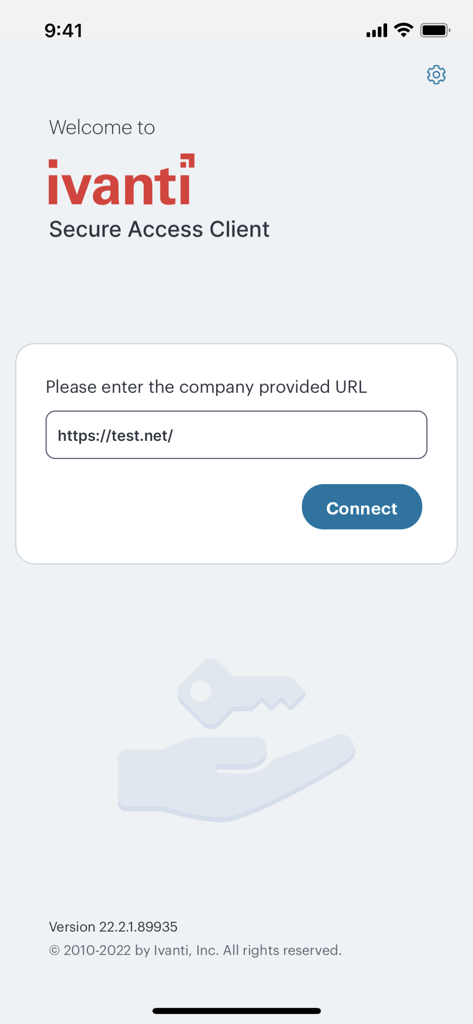 Ivanti Secure Access Client - 기업 URL을 입력하는 텍스트 필드와 연결 버튼이 있는 Ivanti Secure Access Client 환영 화면