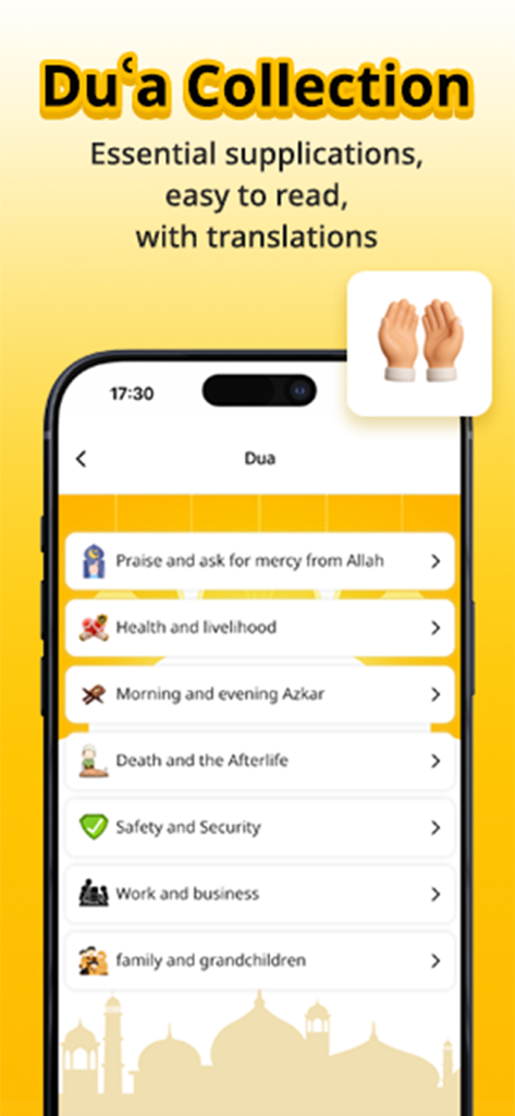 Makan Halal - Makan Halal app Du'a Collection screen showing categories for Islamic supplications and prayers