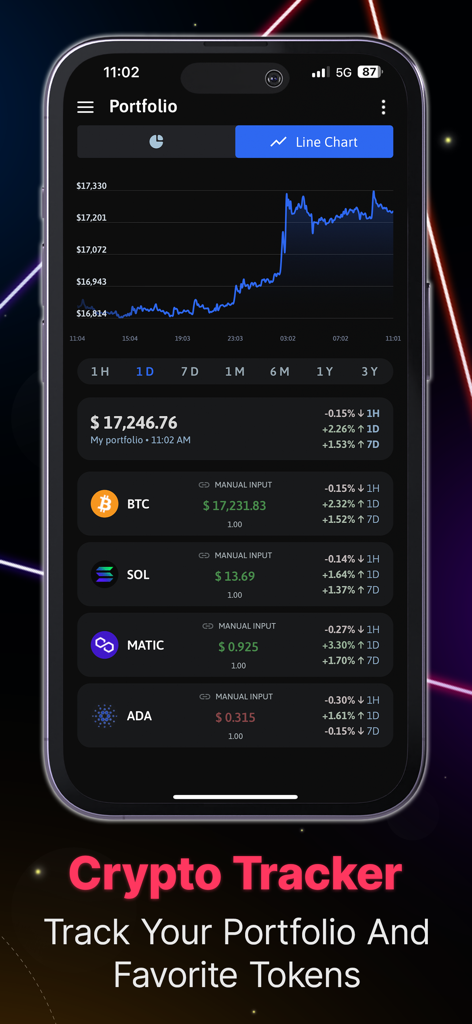 실시간 가격 차트와 토큰 가치가 포함된 암호화폐 포트폴리오 추적기를 표시하는 모바일 화면