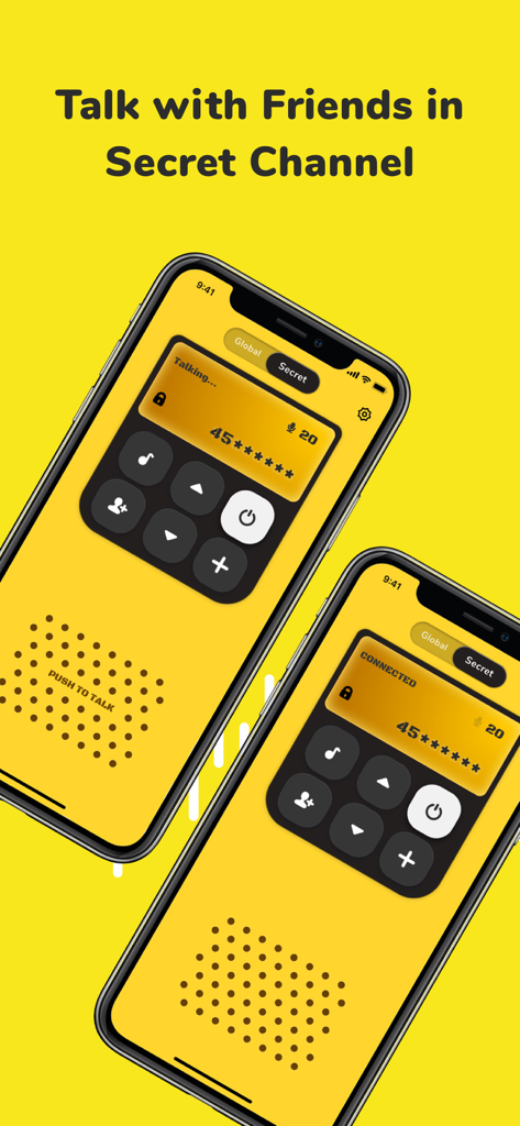 Walkie Talkie app interface showing a private secret voice channel on two iPhones with a yellow background