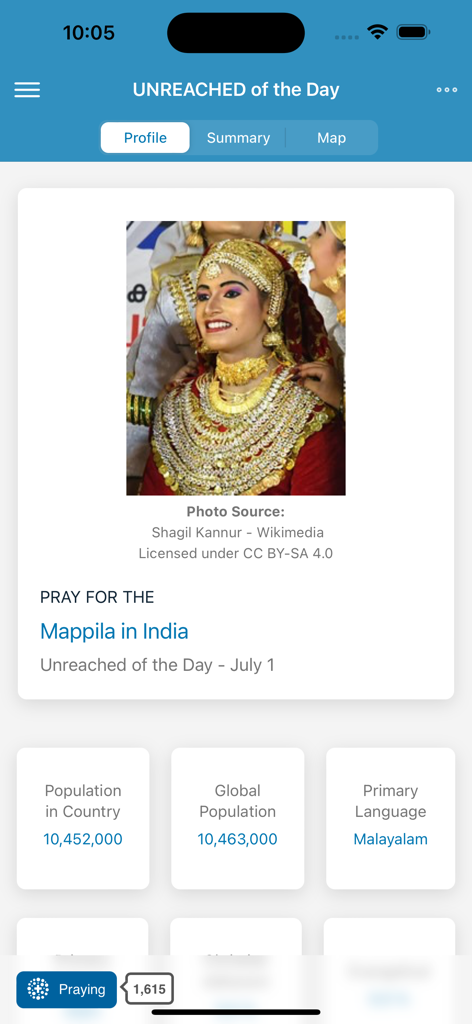 Tela de perfil do aplicativo Não Alcançados do Dia para o povo Mappila na Índia com detalhes de população e língua