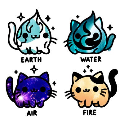 4 cats that represent the different elements, earth, water, air, and fire