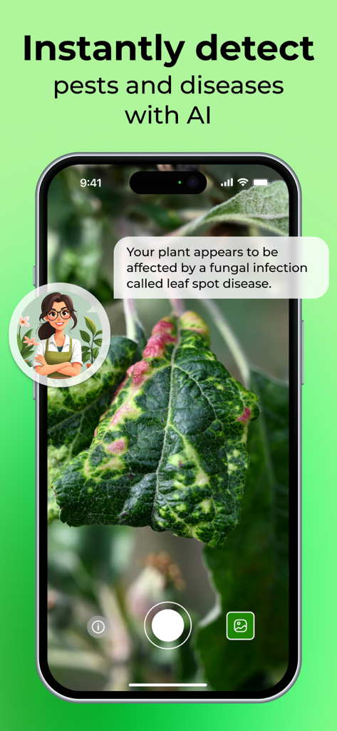 PlantSnap - Plant Scanner - PlantSnap app interface showing AI detection of plant leaf disease.