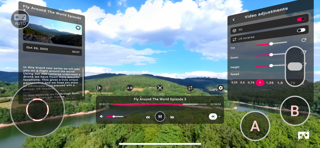 PLAY'A - Interface of the PLAY’A VR video player app showing playback controls and video adjustment settings over a scenic 360 degree landscape.