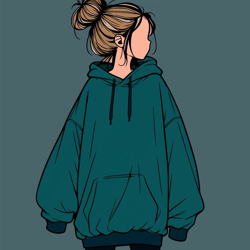 realistic girl with a oversized sweatshirt on and a bun