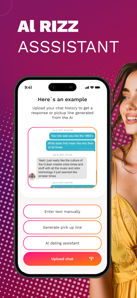 Rizz Up - AI Wingman Chat App - Captura de pantalla de la aplicación Rizz Up mostrando la interfaz del asistente de citas con IA con opciones para subir chats y generar líneas de ligue