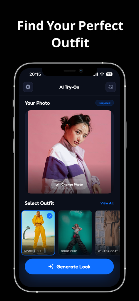 AI Clothes Changer - Modeva - Interfaz de la aplicación móvil de Modeva AI Clothes Changer mostrando una pantalla de prueba virtual con opciones de atuendo como deportivo y boho chic