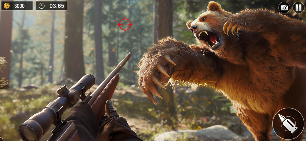 Wild Deer Hunt Games - First person perspective of a hunter aiming a rifle at an attacking grizzly bear in a forest