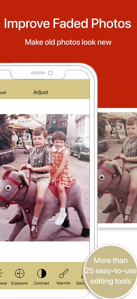 Capture d'écran montrant l'interface de l'application Pic Scanner Gold avec des outils pour améliorer et restaurer des photos vintage délavées.