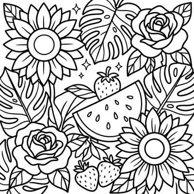 Dive into summer fun with this adorable coloring page designed specifically for toddlers. Featuring bold, simple illustrations of sunflowers, roses, tropical leaves, and delicious fruits, it's perfect for little hands to explore colors.