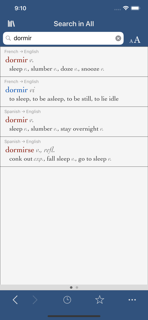 Ultralingua - Search results for the verb dormir in French and Spanish within the Ultralingua app showing multiple definitions and parts of speech