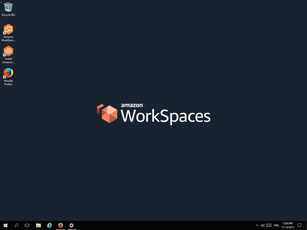 A screenshot of the Amazon WorkSpaces virtual desktop environment showing a Windows-style taskbar and desktop icons on a dark background.