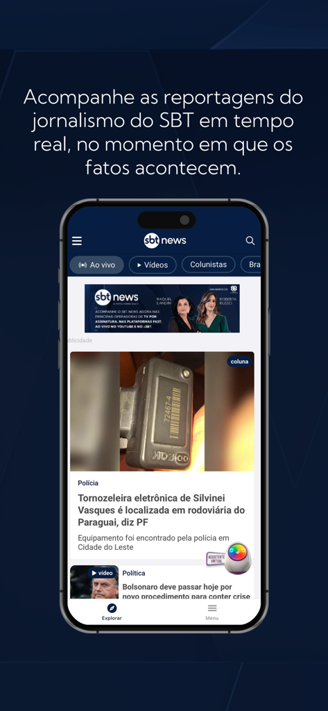 SBT News - Interfaz móvil de la aplicación SBT News mostrando informes de noticias en tiempo real en portugués.