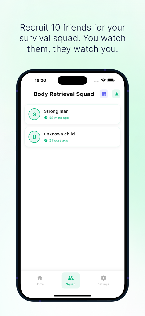 Are You Dead? - Still Alive? - Smartphone screen showing the Body Retrieval Squad list with friend status updates