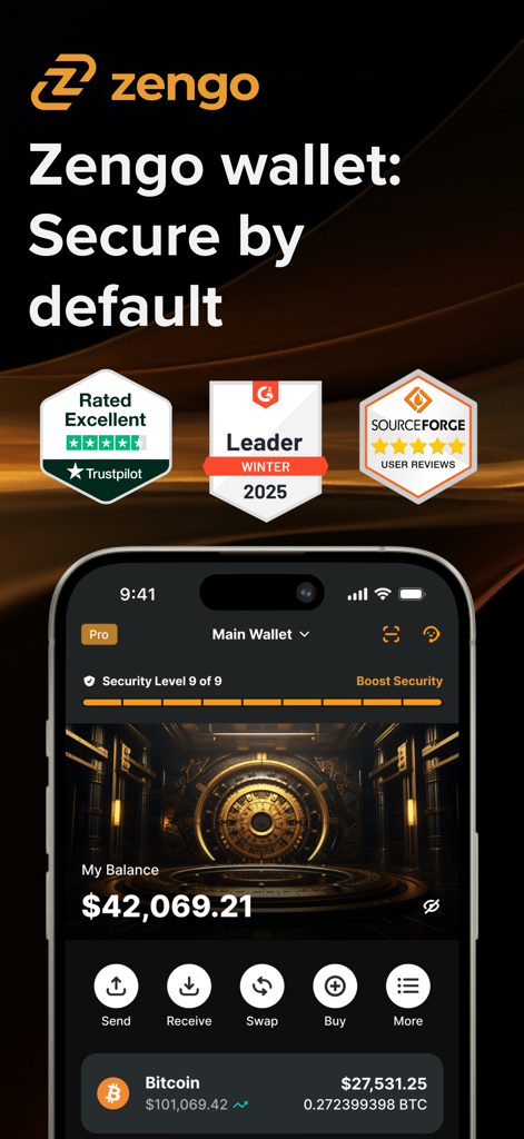 Interface de l'application de portefeuille crypto Zengo affichant le solde du compte et les notes de sécurité de Trustpilot et SourceForge