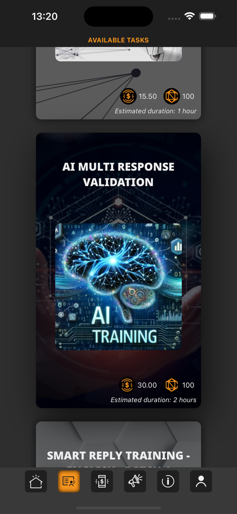 Aurora Studio App - Pantalla de la aplicación Aurora Studio que muestra microtareas disponibles para entrenamiento de IA con recompensas y duraciones estimadas