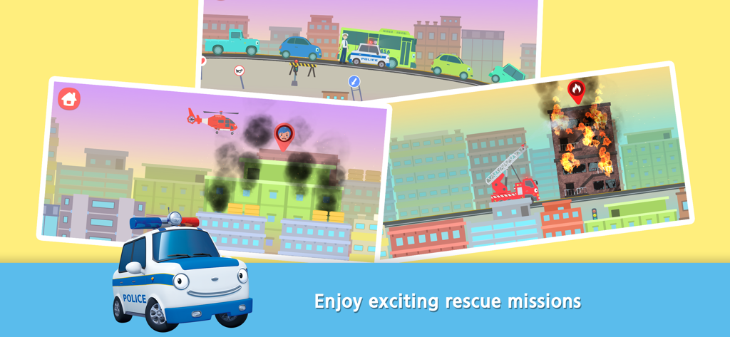 TAYO The Brave Cars - A collage showing rescue missions from TAYO The Brave Cars including a police car and fire trucks responding to emergencies