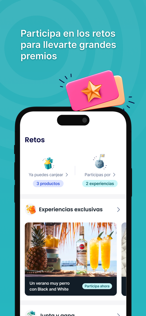 Interfaz de la aplicación Spin Premia que muestra desafíos de recompensa y experiencias exclusivas de marca.