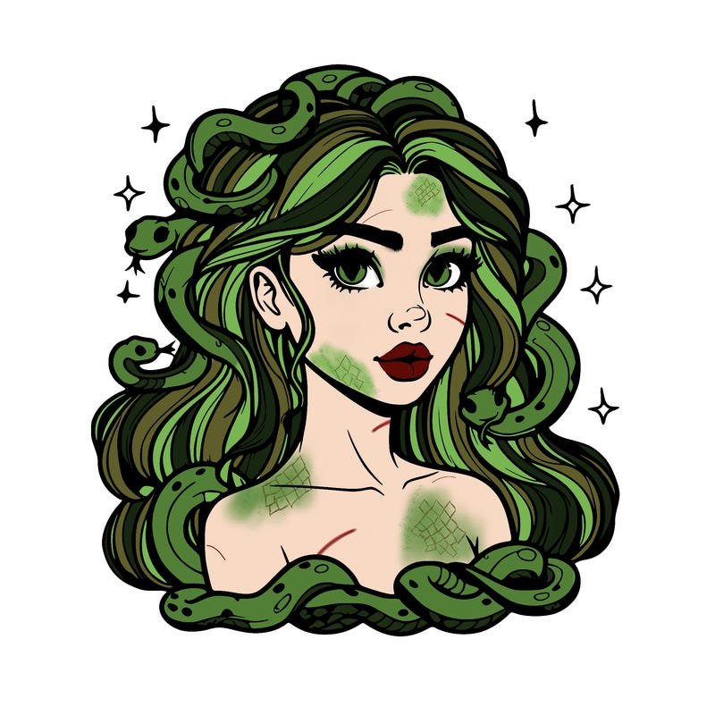 realistic girl with snakes as hair