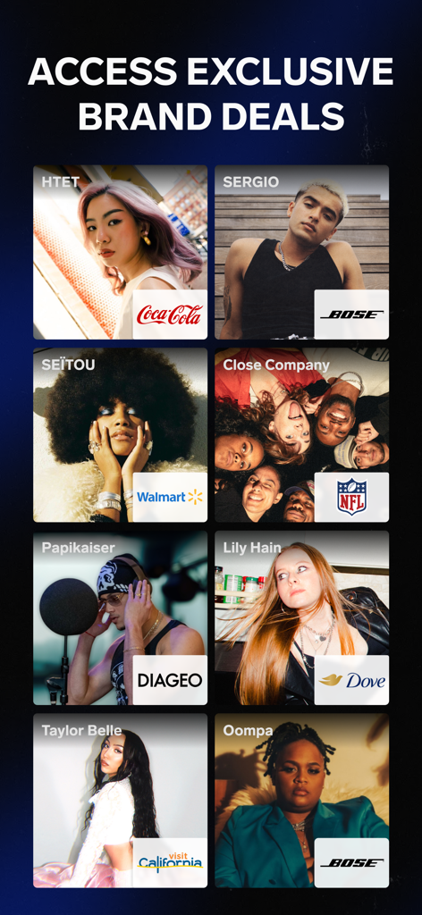 UnitedMasters: Release Music - Interface de l'application UnitedMasters montrant des artistes indépendants collaborant avec des marques majeures comme Coca-Cola et Bose.