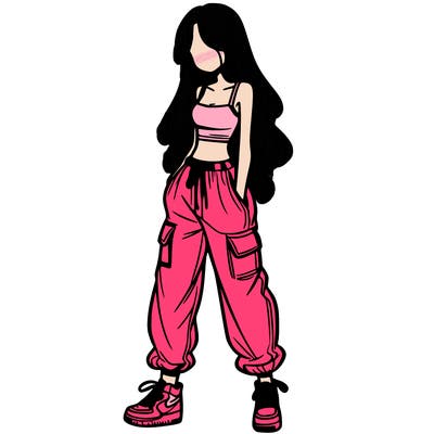 girl in baggy pants crop top and long hair