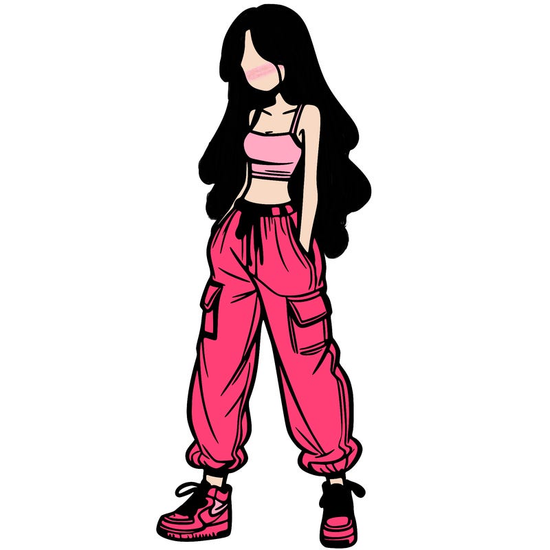 girl in baggy pants crop top and long hair
