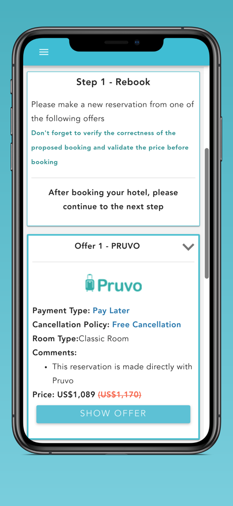 Pruvo app interface showing a discounted hotel rebooking offer with free cancellation and price comparison