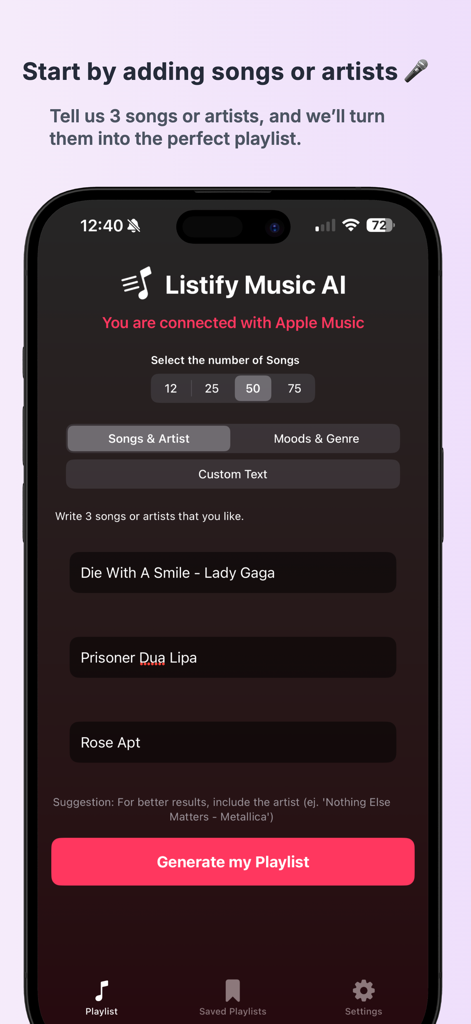 Listify Music AI - Listify Music AI app interface showing how to generate a custom playlist by entering favorite songs and artists